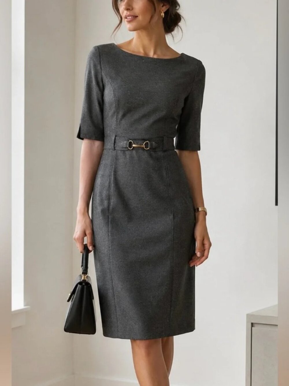 Banana Republic Gray Sheath Dress with Decorative Buckle